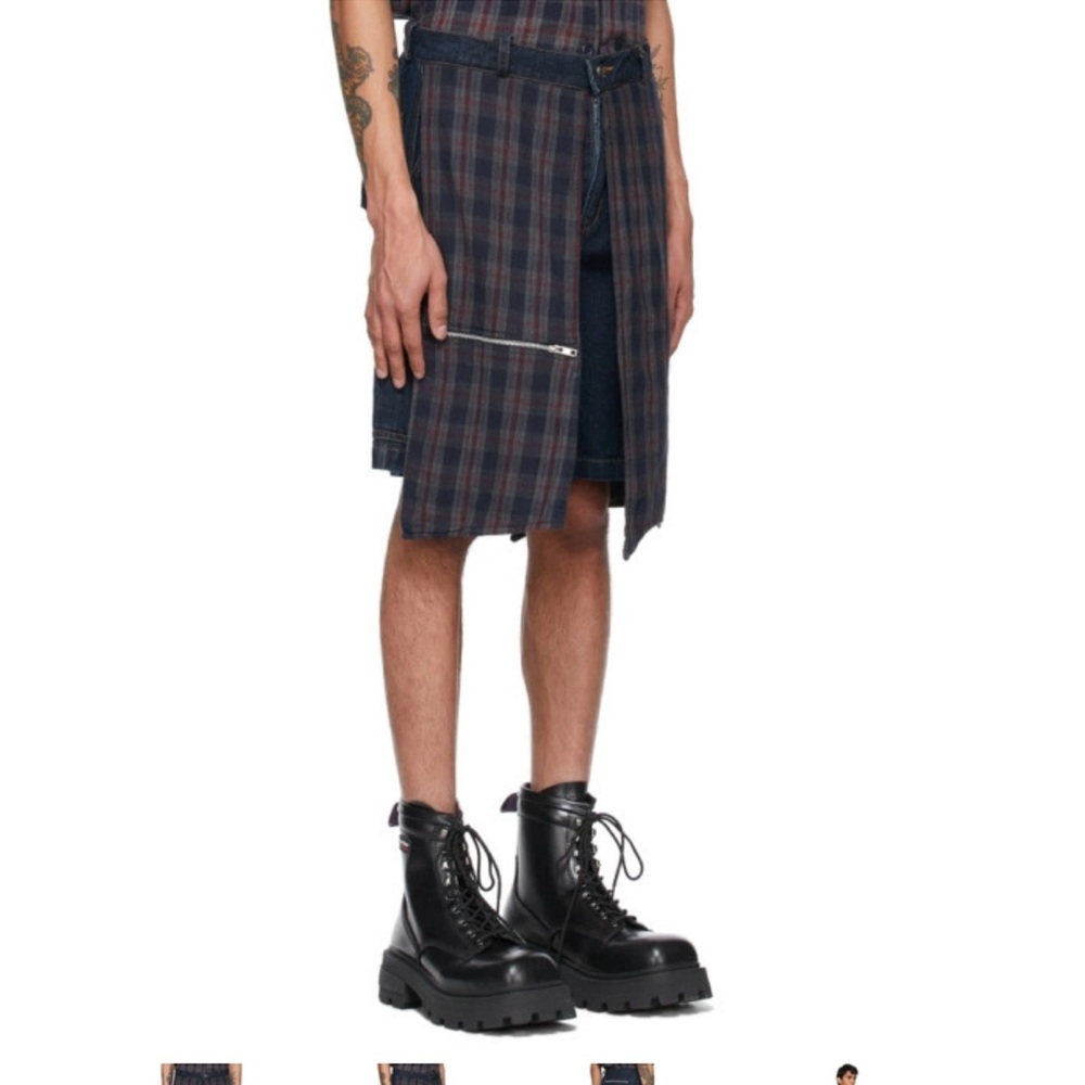 YOUTHS IN BALACLAVA Blue Denim Flannel Godstar Shorts - Picture 2 of 6
